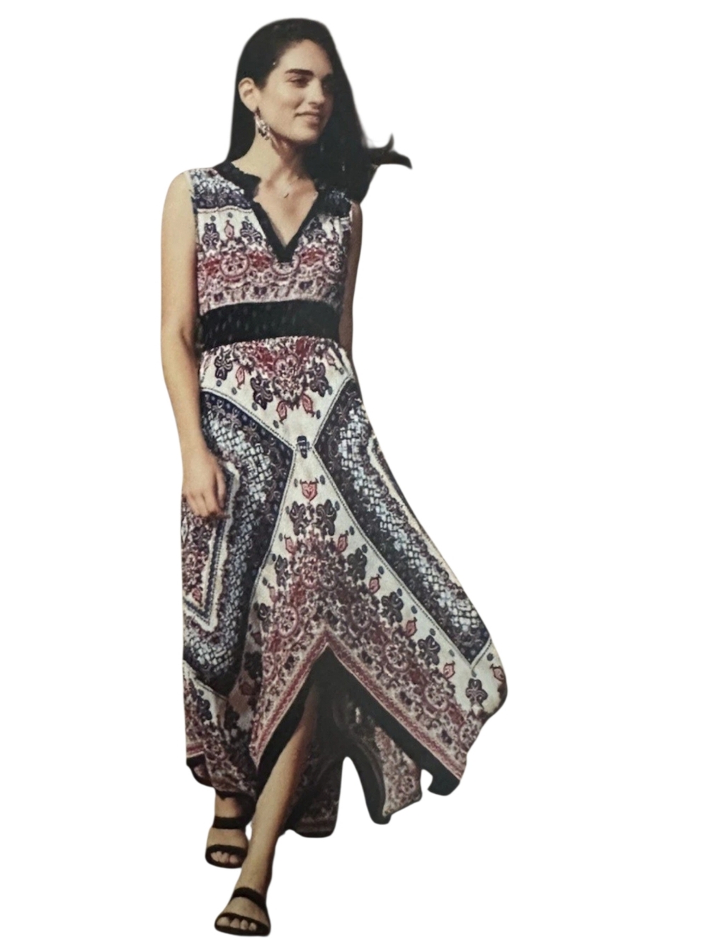 Bila Multicolor Paisley Boho Handkerchief Hemline Smoked-Waist Maxi Dress Sz XXL